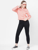 Women Pink Solid Denim Jacket