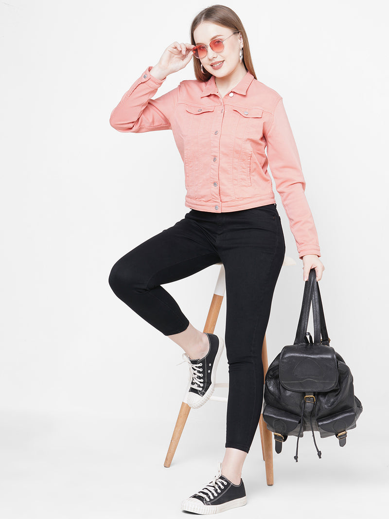 Women Pink Solid Denim Jacket