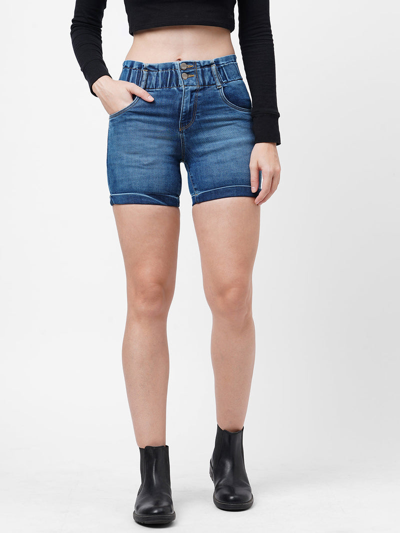 K4041 High-Rise Slim Shorts - Mid Blue