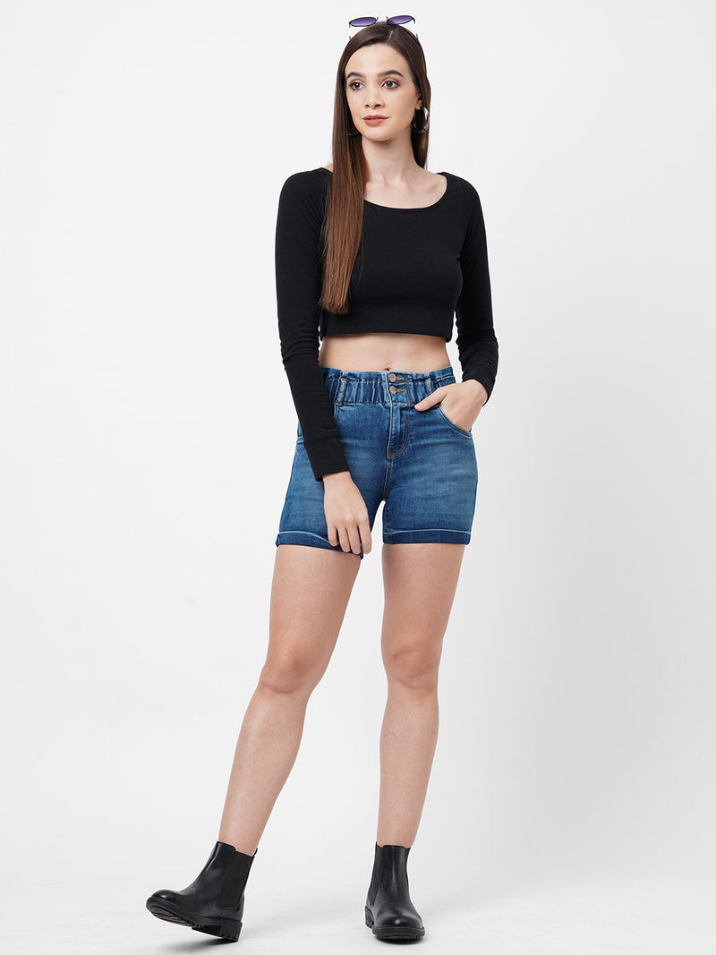 K4041 High-Rise Slim Shorts - Mid Blue