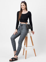 High-Rise Knitted Paper Bag Pants - Grey