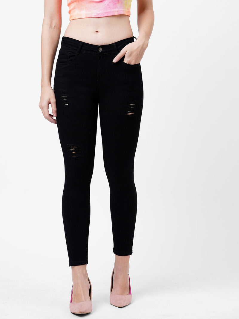 K4050 Mid-Rise Skinny Crop Length Ripped Jeans - Black