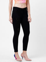 K4050 Mid-Rise Skinny Crop Length Ripped Jeans - Black
