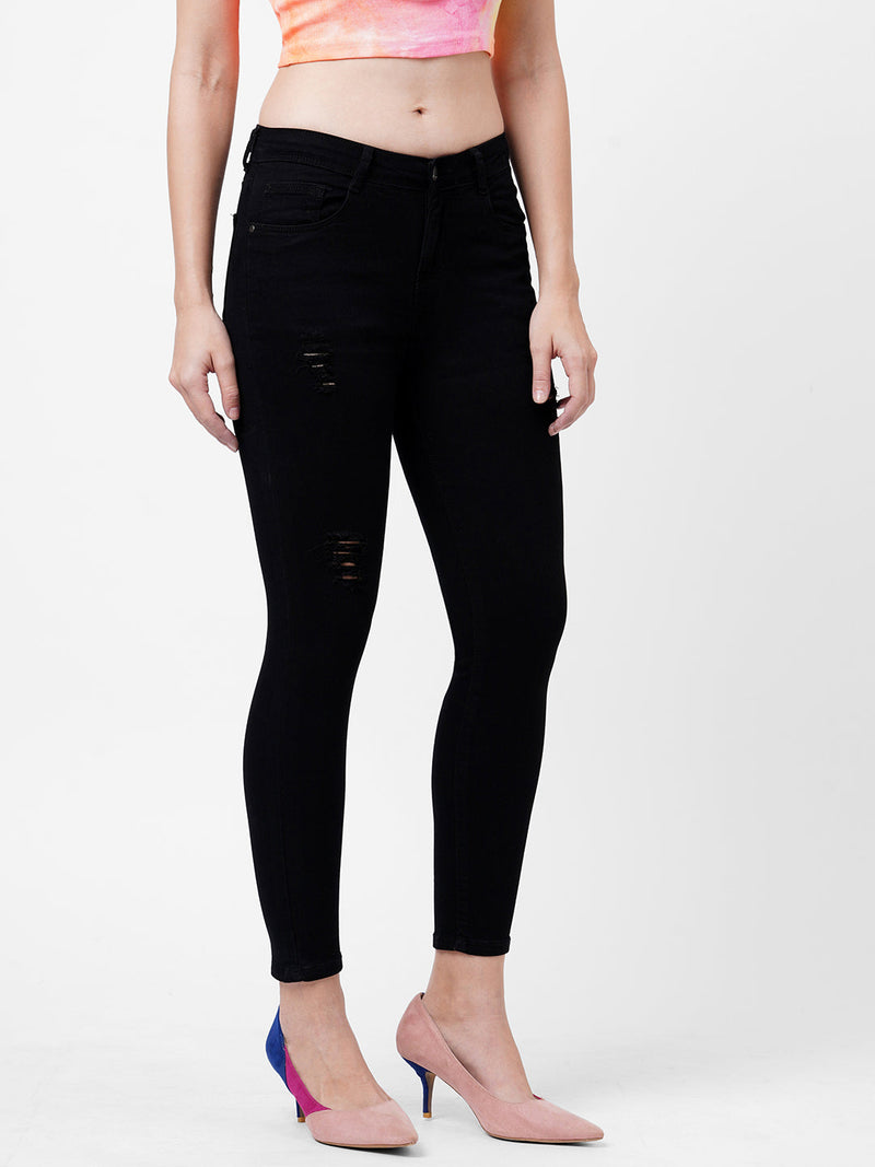 K4050 Mid-Rise Skinny Crop Length Ripped Jeans - Black