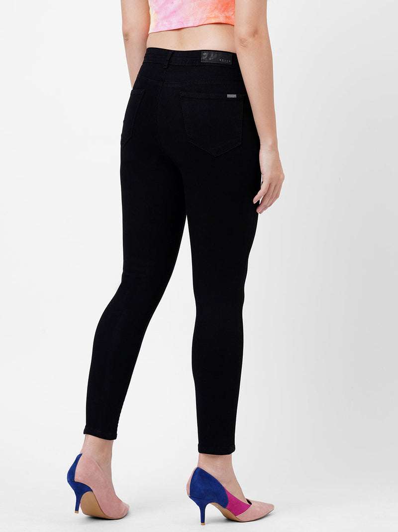 K4050 Mid-Rise Skinny Crop Length Ripped Jeans - Black