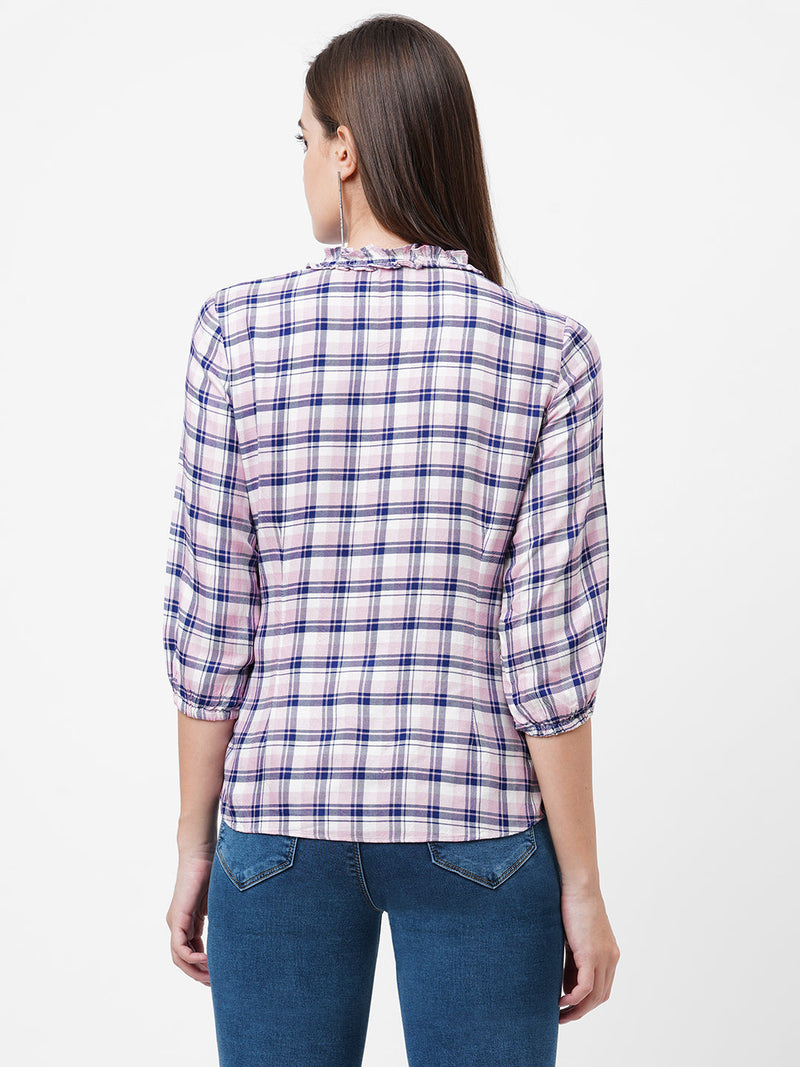 Women Navy & Pink Checks Top - Navy Pink