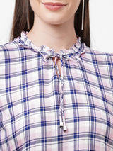 Women Navy & Pink Checks Top - Navy Pink