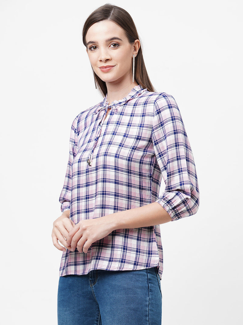Women Navy & Pink Checks Top - Navy Pink