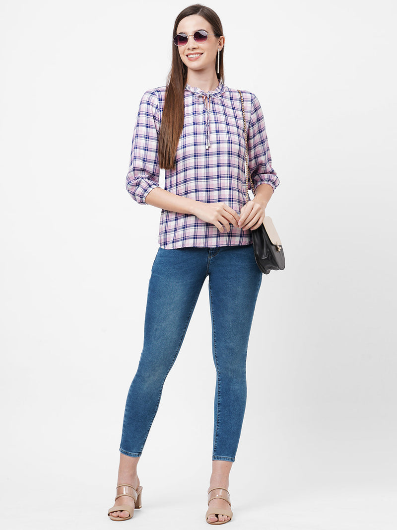 Women Navy & Pink Checks Top - Navy Pink