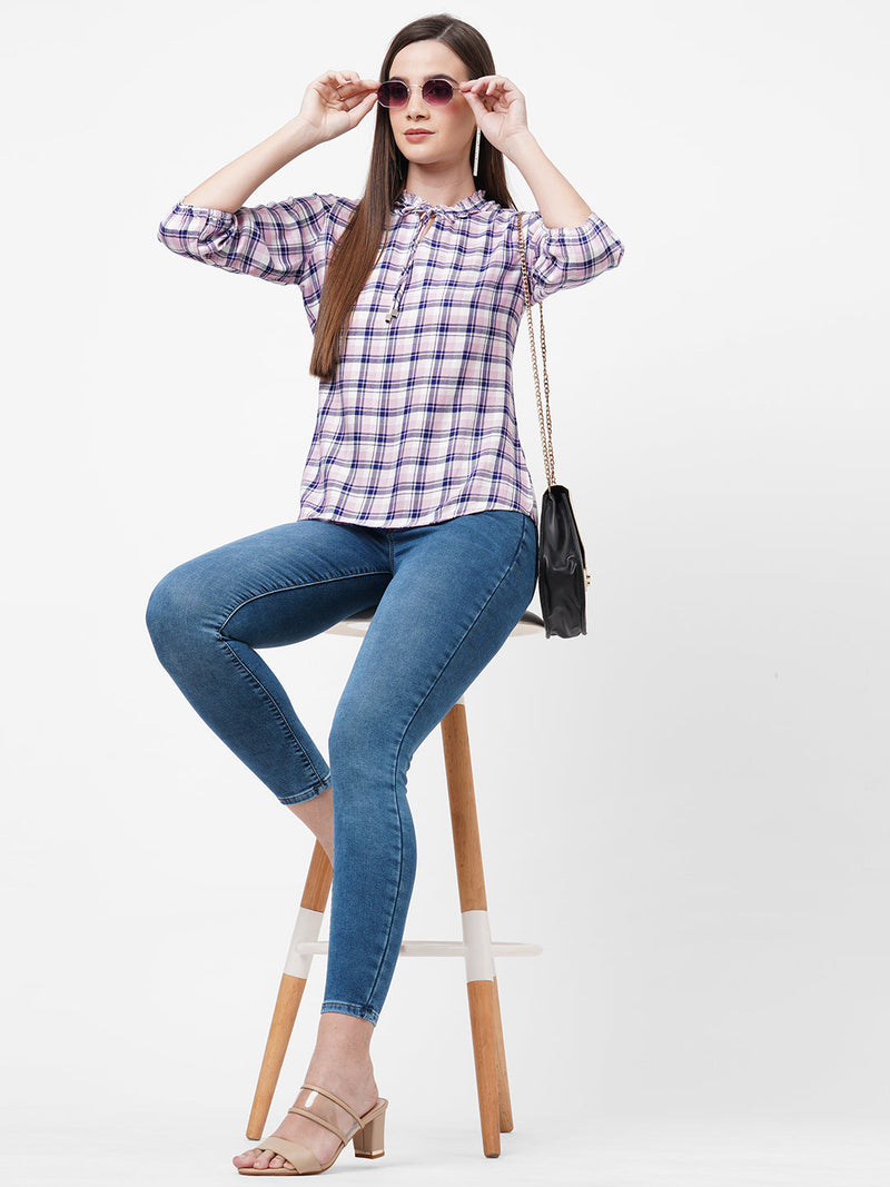 Women Navy & Pink Checks Top - Navy Pink