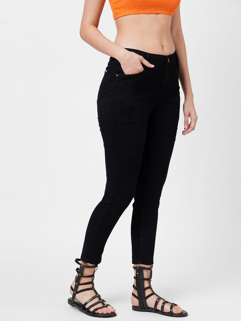 K3051 Mid-Rise Skinny Ripped Jeans - Black
