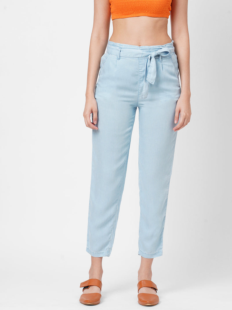 High-Rise Paper Bag Culottes - Light Blue