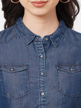 Women Blue Solid Denim Shirt - Blue