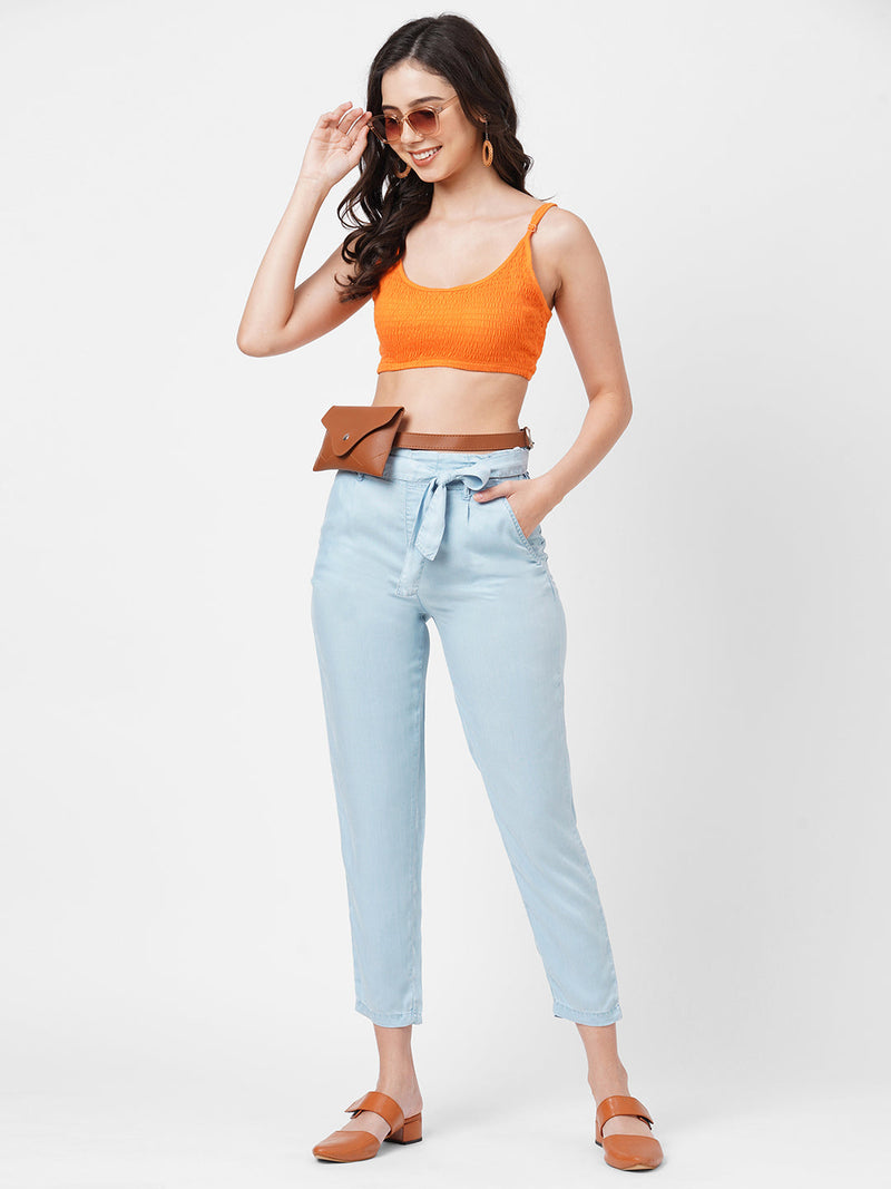 High-Rise Paper Bag Culottes - Light Blue