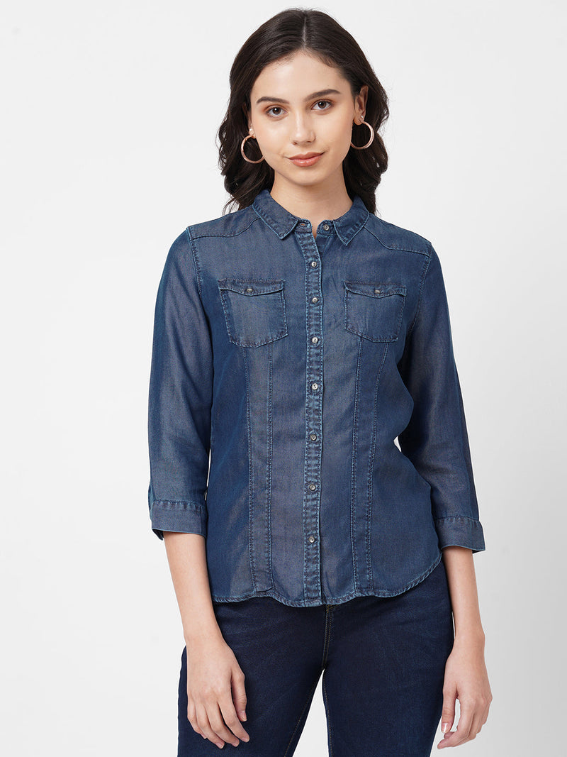 Women Blue Solid Denim Shirt - Blue