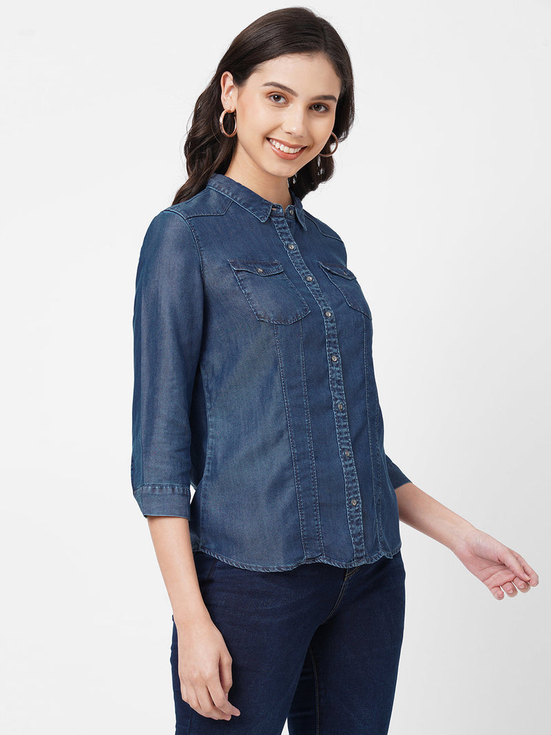 Women Blue Solid Denim Shirt - Blue