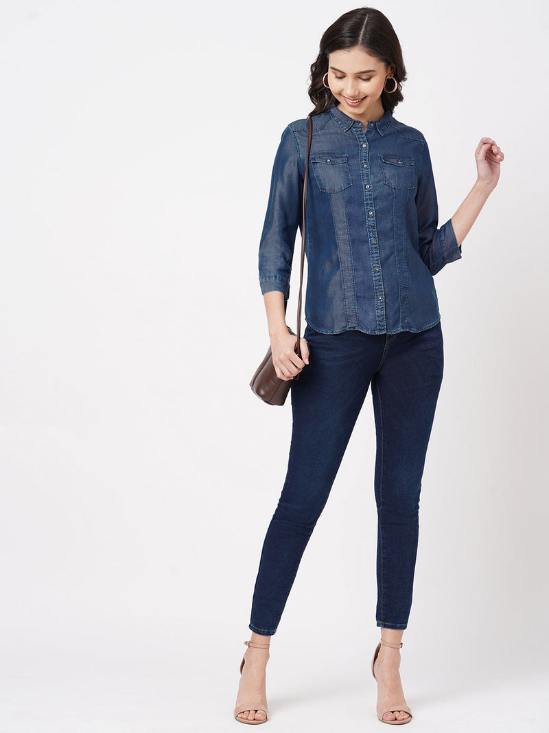 Women Blue Solid Denim Shirt - Blue