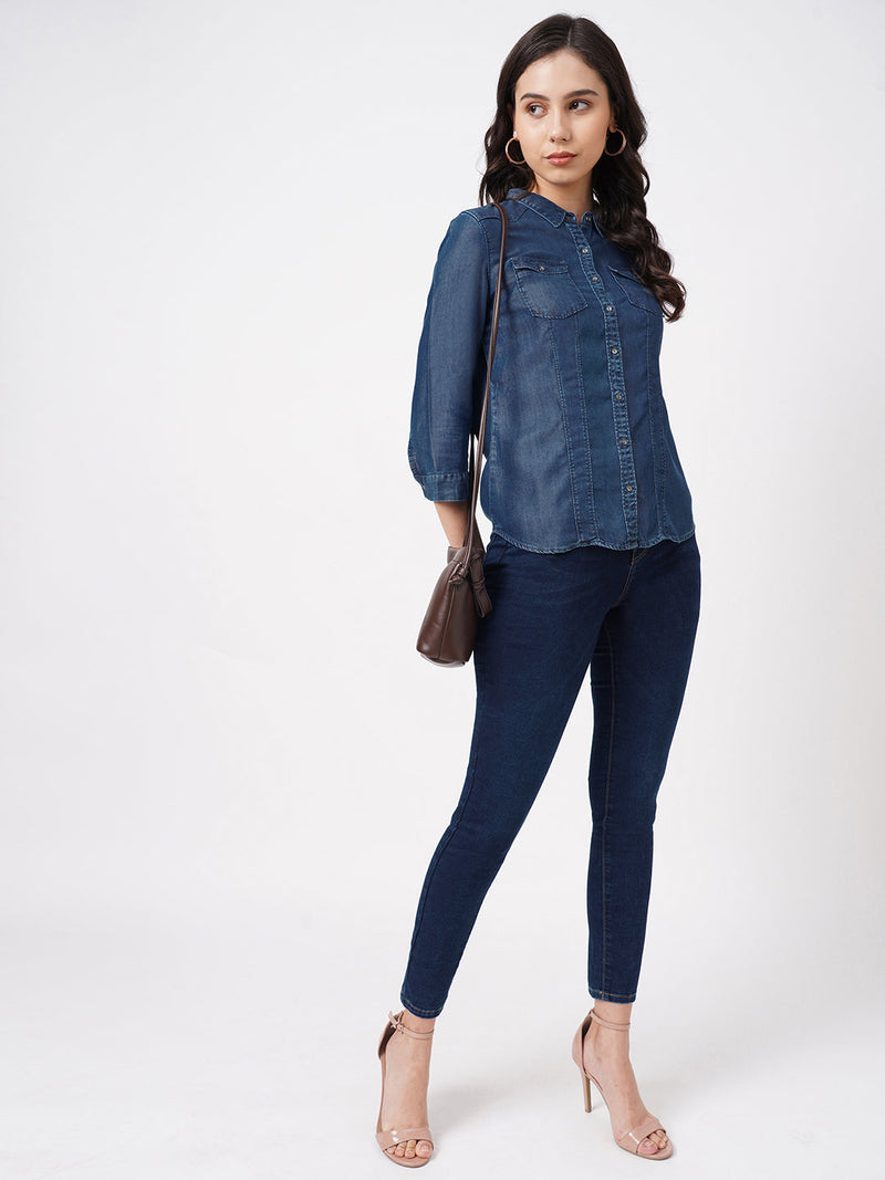 Women Blue Solid Denim Shirt - Blue