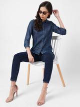 Women Blue Solid Denim Shirt - Blue