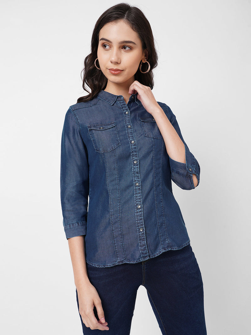 Women Blue Solid Denim Shirt - Blue