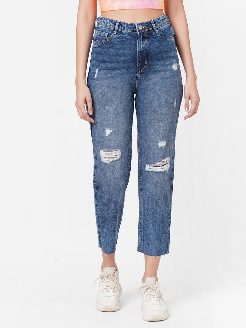 K5085 High Rise Mom Fit Ripped Jeans - Blue