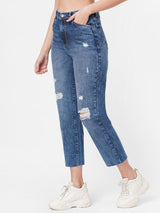 K5085 High Rise Mom Fit Ripped Jeans - Blue