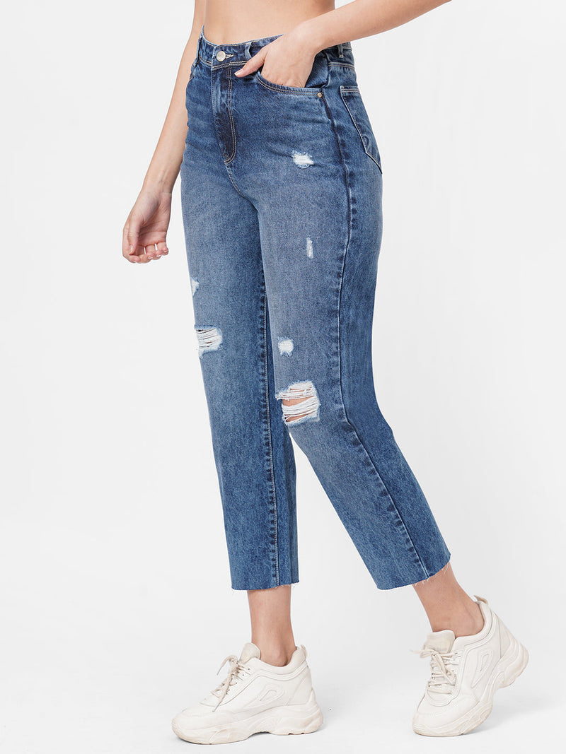 K5085 High Rise Mom Fit Ripped Jeans - Blue