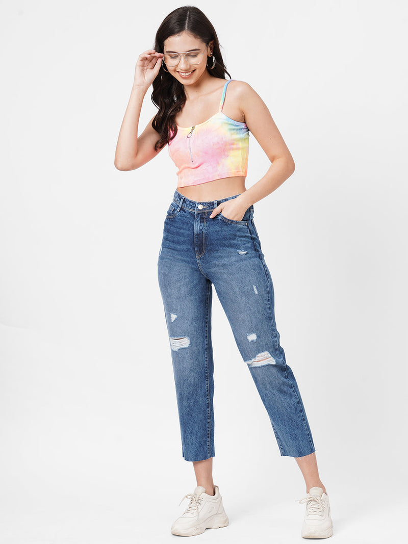 K5085 High Rise Mom Fit Ripped Jeans - Blue