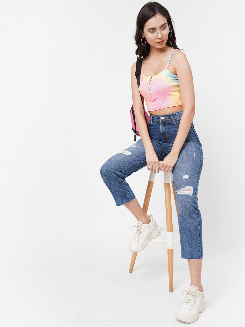 K5085 High Rise Mom Fit Ripped Jeans - Blue