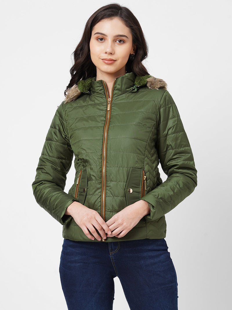 Women Olive Padded Jackets - Olive