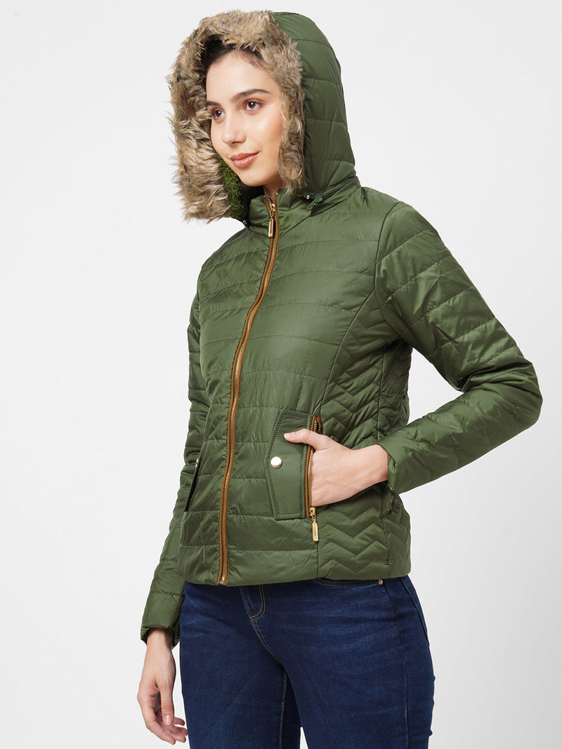 Women Olive Padded Jackets - Olive