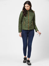 Women Olive Padded Jackets - Olive