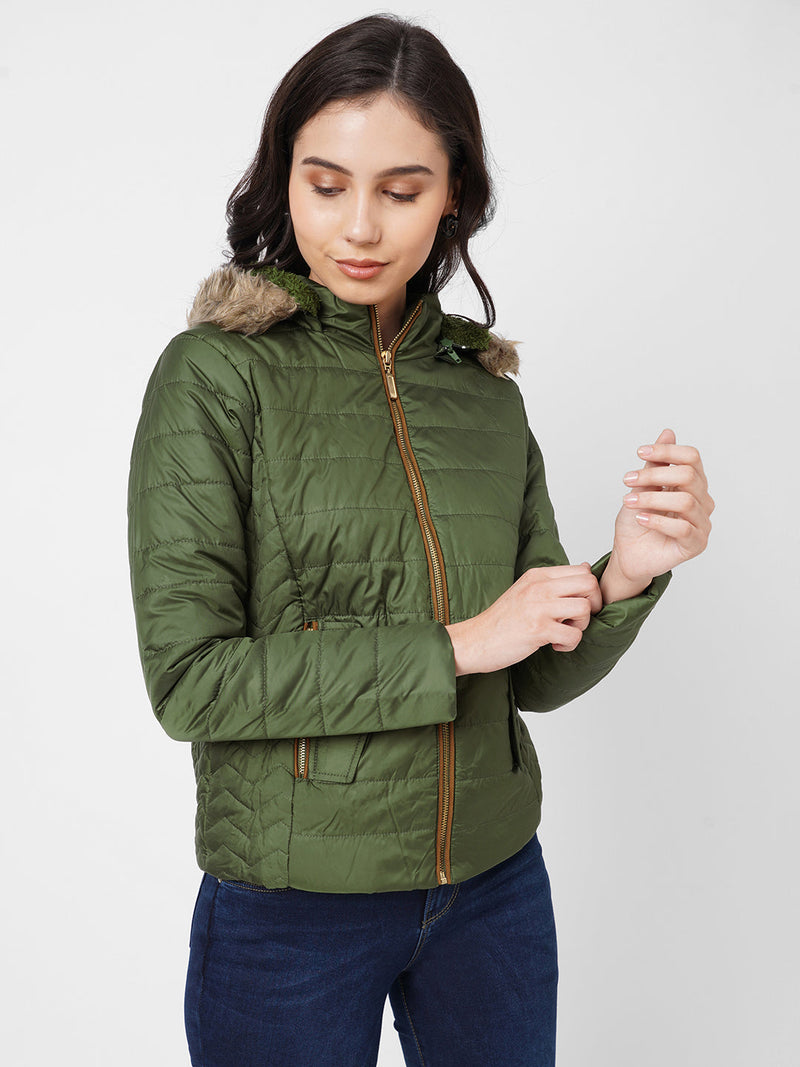 Women Olive Padded Jackets - Olive
