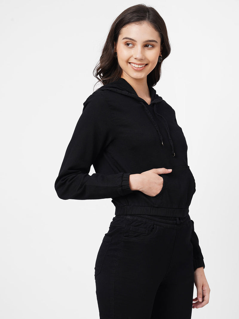Women Black Solid Sweatshirt - Black