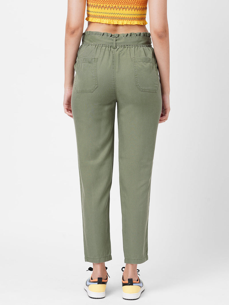 High-Rise Paper Bag Pants - Olive