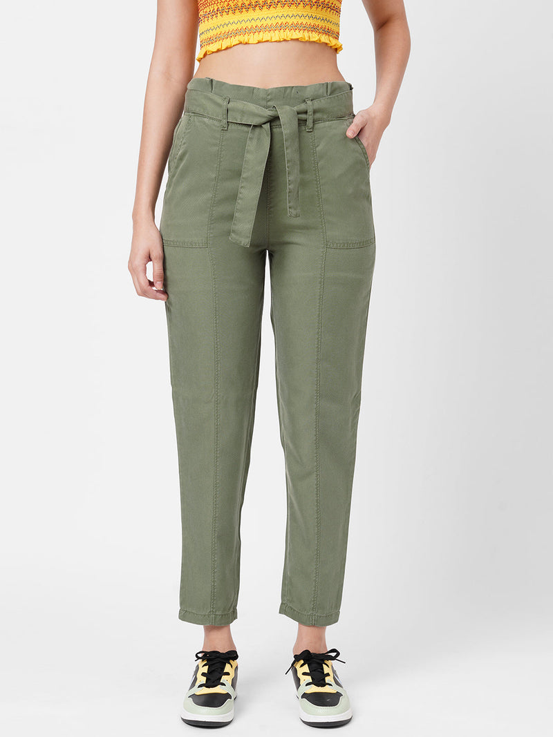 High-Rise Paper Bag Pants - Olive