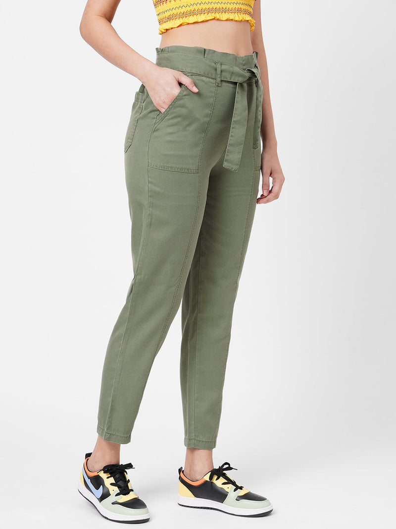 High-Rise Paper Bag Pants - Olive