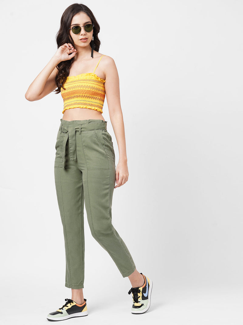 High-Rise Paper Bag Pants - Olive