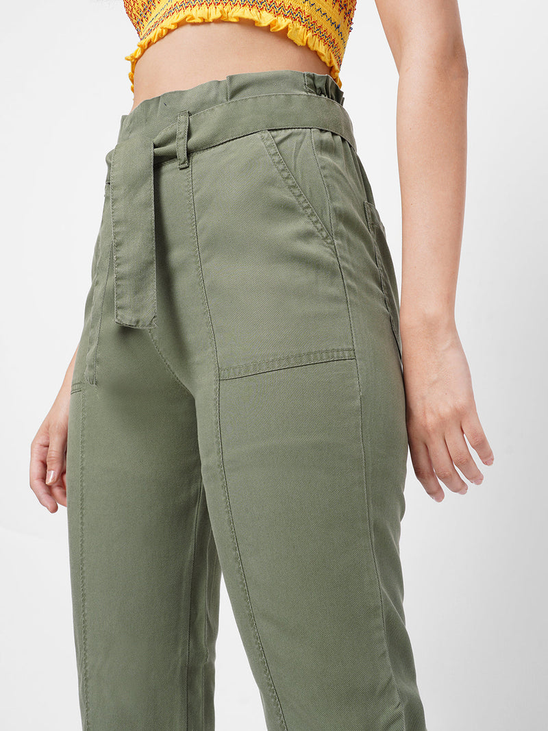 High-Rise Paper Bag Pants - Olive