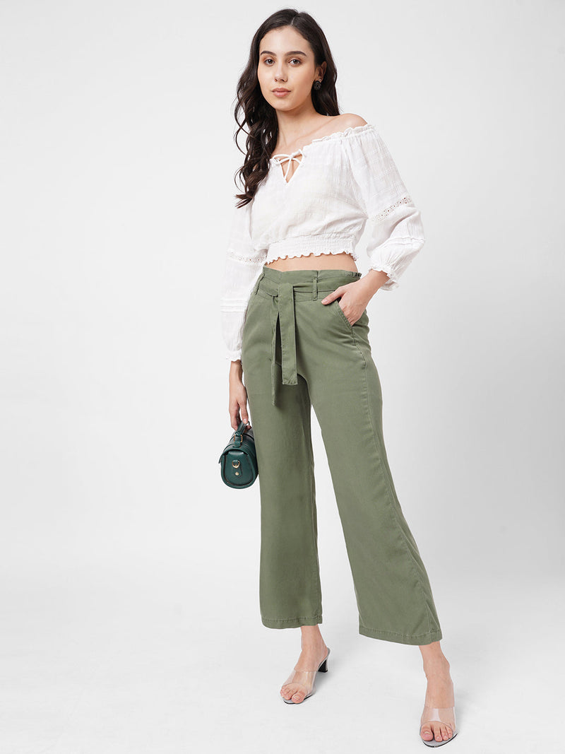 High-Rise Paper Bag Culottes - Olive