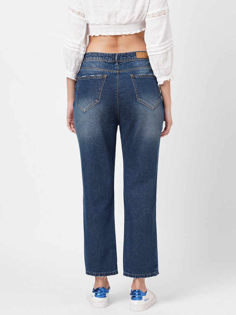 K5067 Super High-Rise Straight Ripped Jeans - Dark Blue
