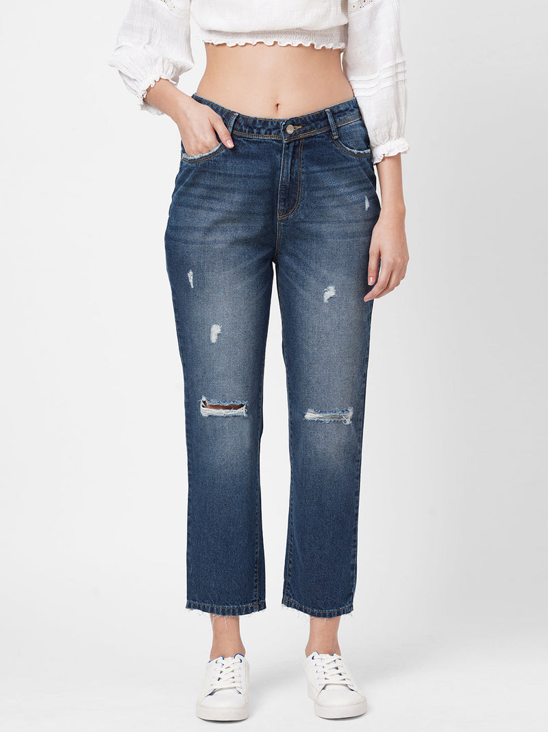 K5067 Super High-Rise Straight Ripped Jeans - Dark Blue