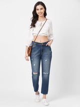 K5067 Super High-Rise Straight Ripped Jeans - Dark Blue
