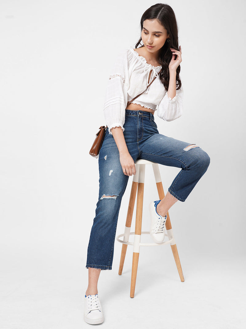 K5067 Super High-Rise Straight Ripped Jeans - Dark Blue