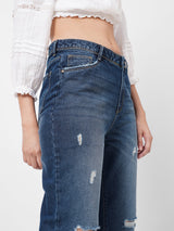 K5067 Super High-Rise Straight Ripped Jeans - Dark Blue