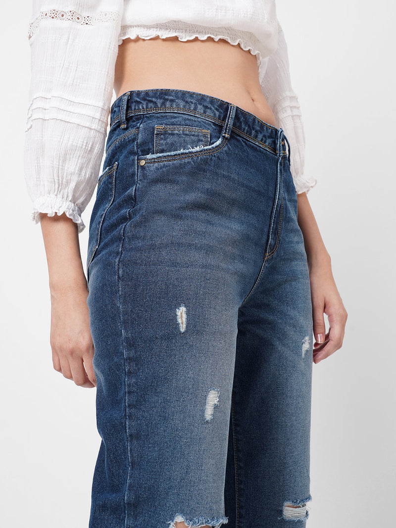 K5067 Super High-Rise Straight Ripped Jeans - Dark Blue