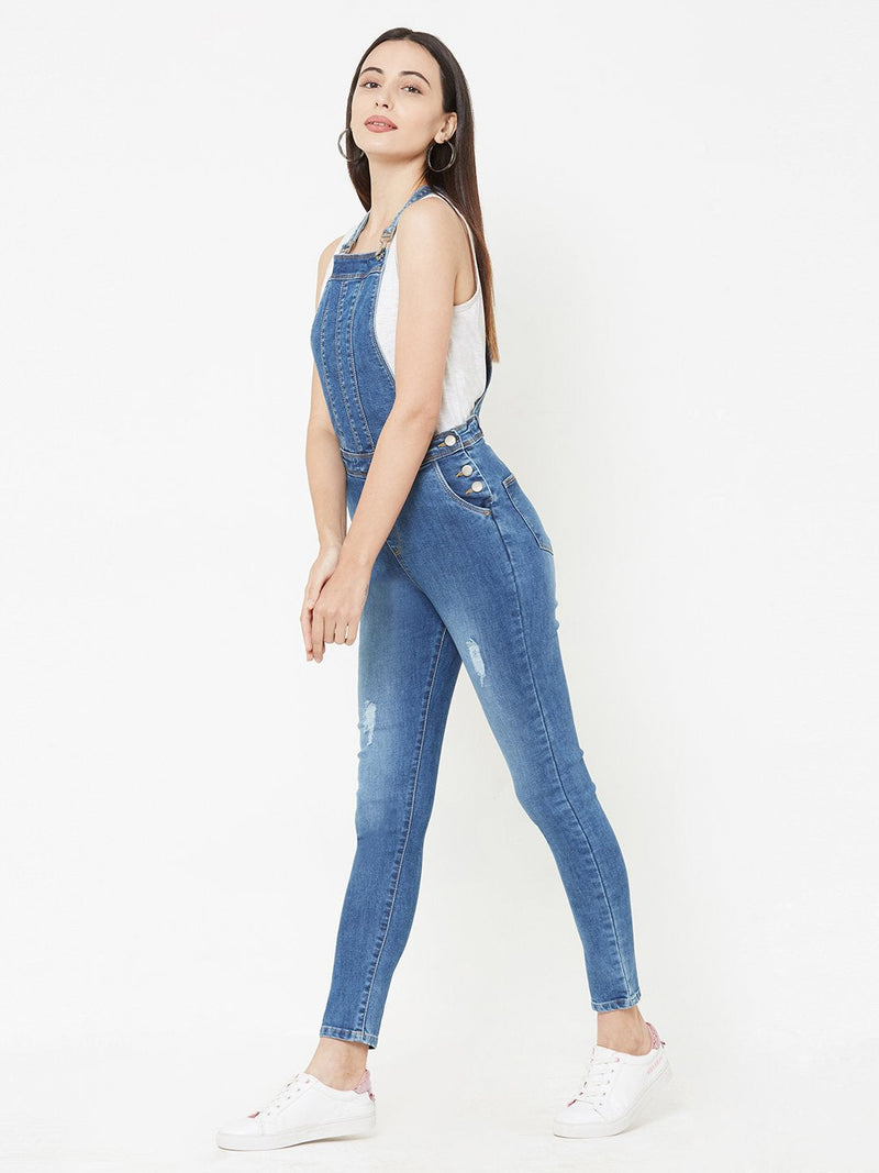 Blue Solid Denim Dungarees - Blue