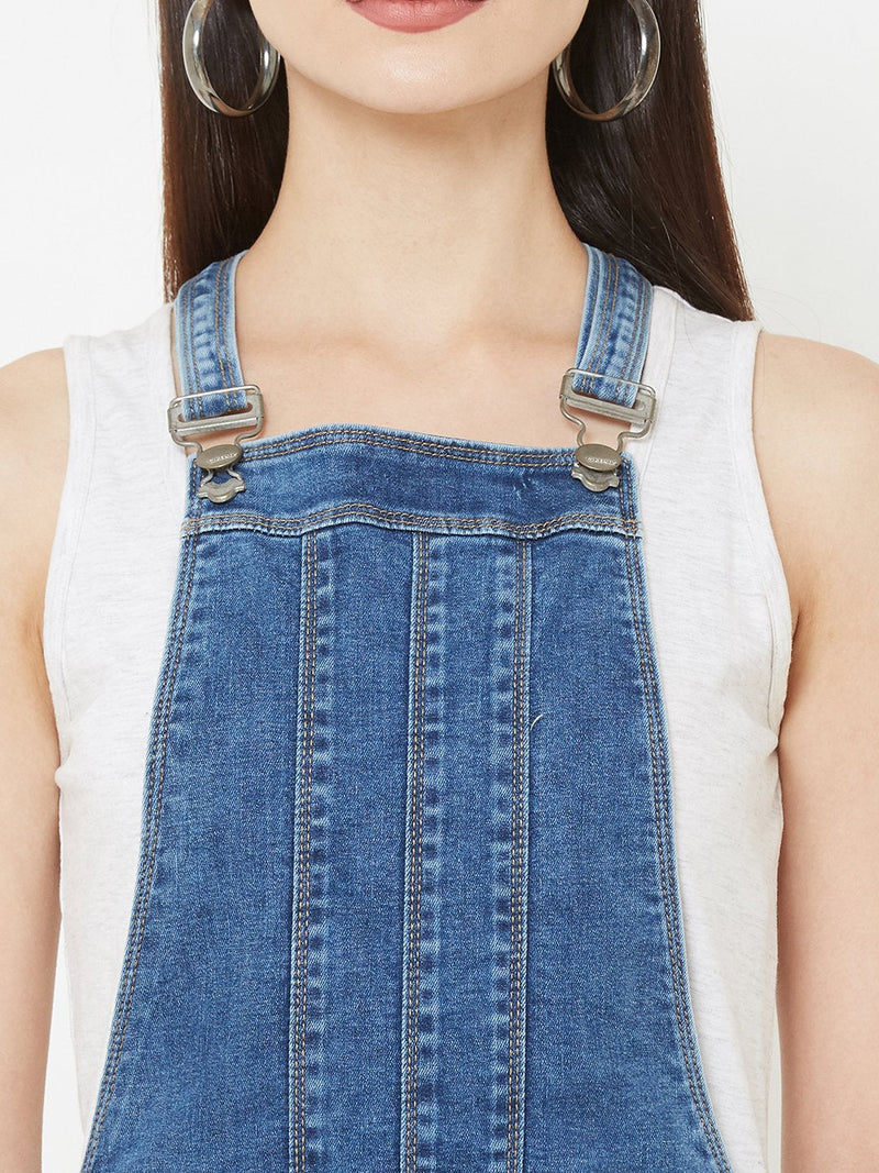Blue Solid Denim Dungarees - Blue