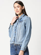 Women Solid Regular Denim Jacket - Light Blue