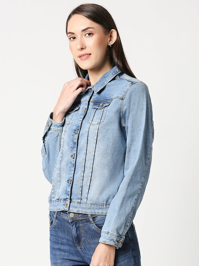 Women Solid Regular Denim Jacket - Light Blue